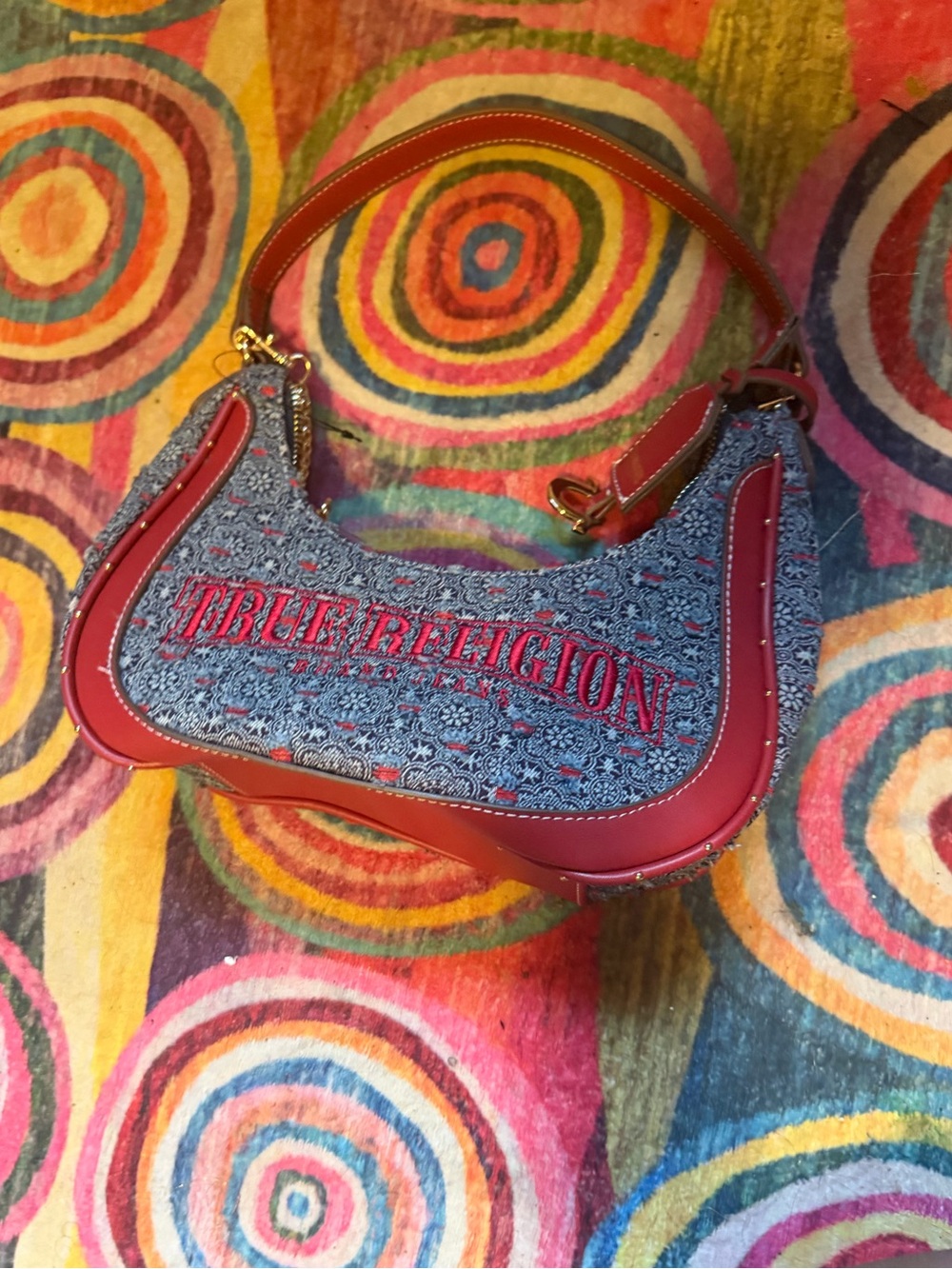 True Religion Blue Patterned Shoulder Bag with Red Trim